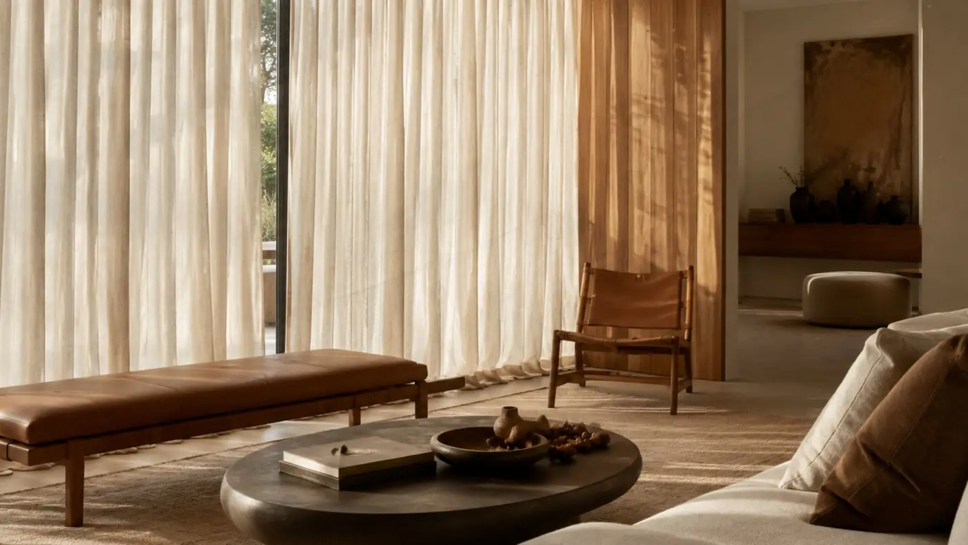Sala de estar com cortinas de linho claro do teto ao chão diante de uma janela, painel de madeira, banco e poltrona de couro marrom, mesa de centro redonda escura e sofá bege, com a luz natural filtrada pelo tecido.